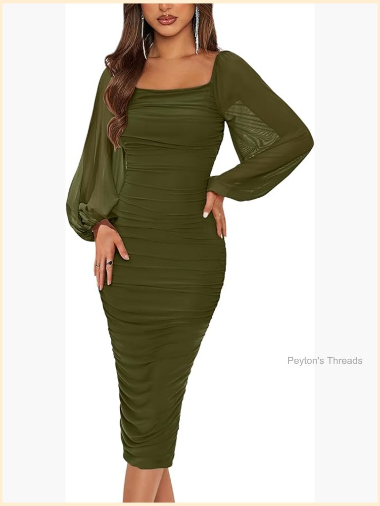 Long Puff Sleeve Ruched Midi Bodycon Dress Wedding Guest Cocktail Party